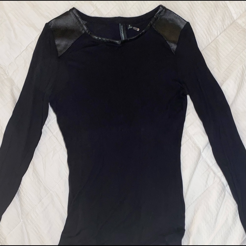 Cynthia Rowley Black long sleeve with leather like trim shirt
